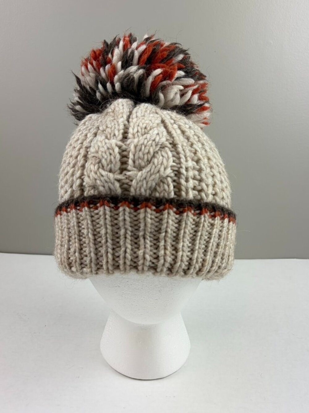 Gelso Bianco Knit Hat Oatmeal With Red & Brown Trip & Pom Pom Alpaca Wool Blend